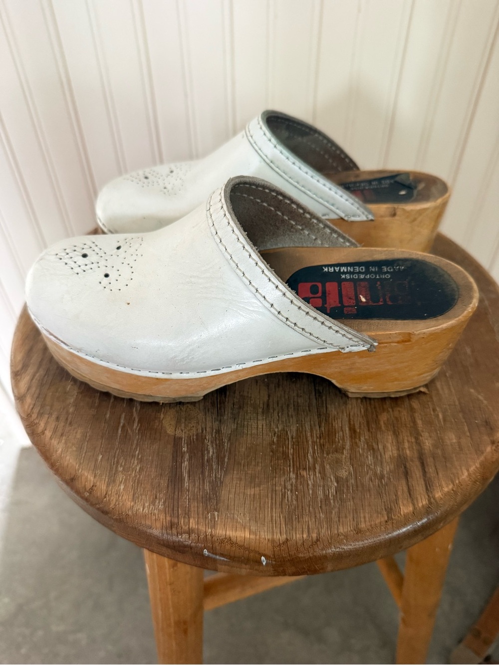 Sanita White Leather Clogs with Natural Wood Soles